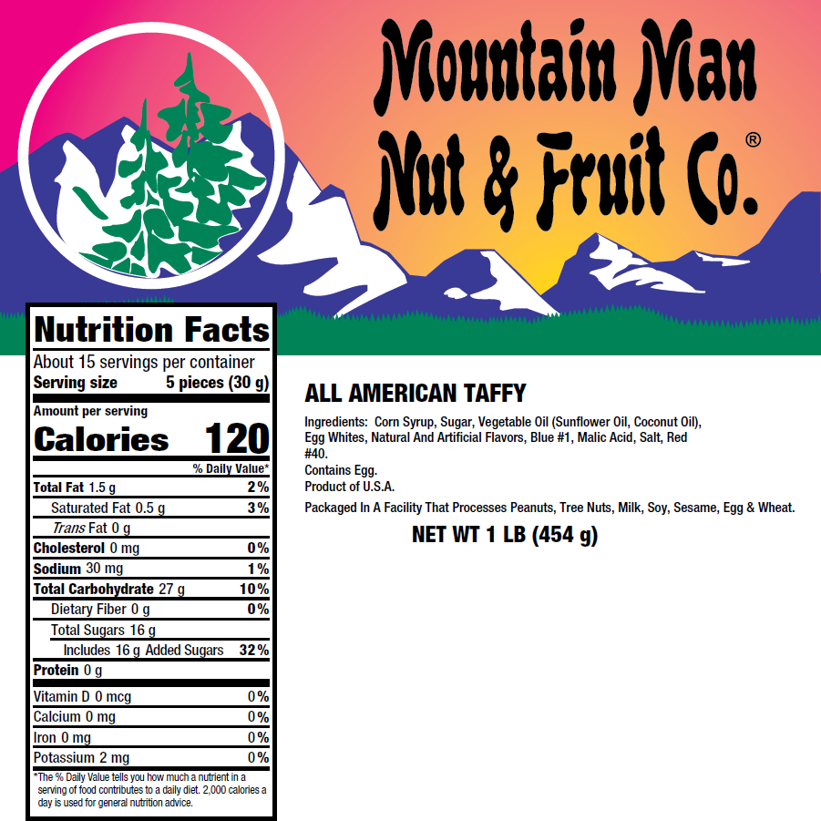 All American Taffy 1lb Nutritional Label