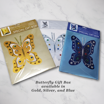 Butterfly Gift Box available in gold, silver, and blue