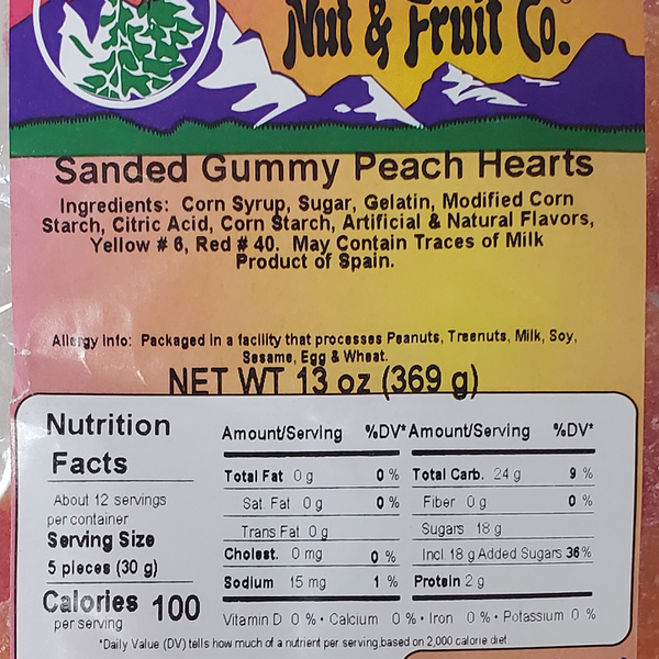 Sanded Gummy Peach Hearts 13oz Label