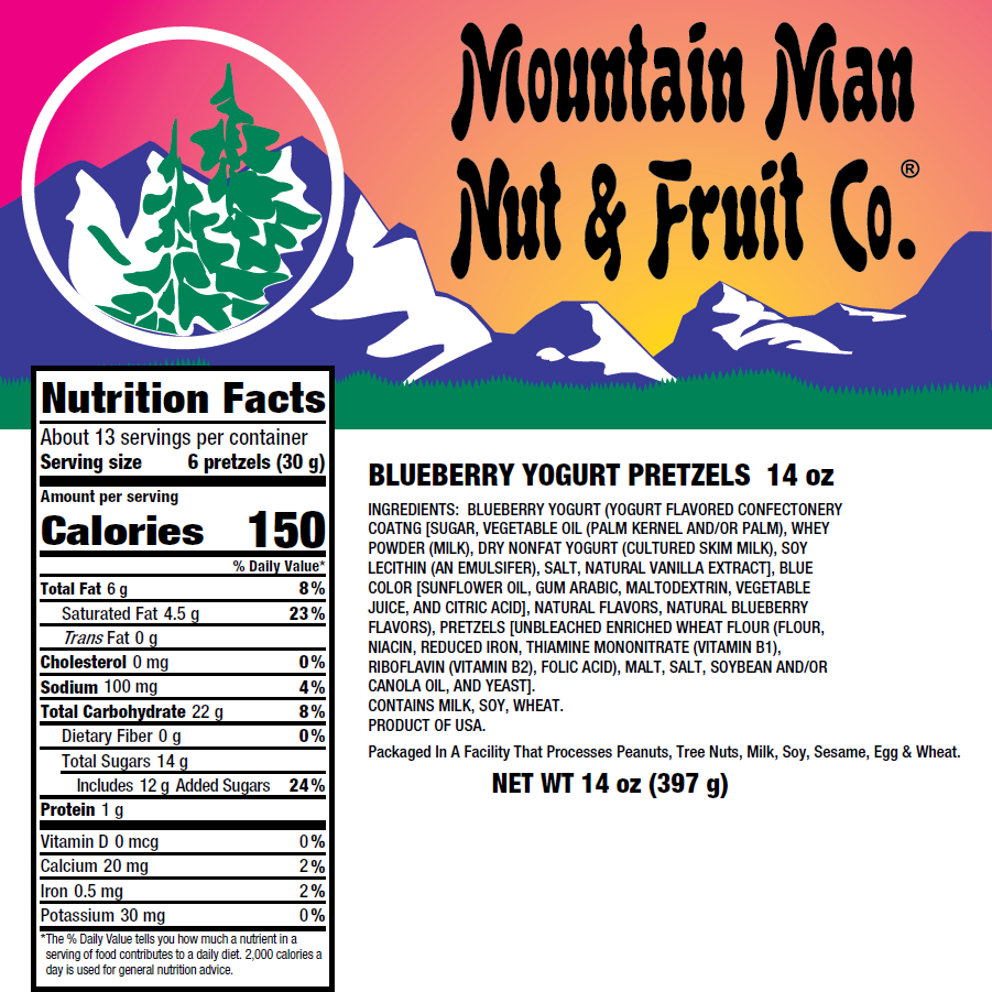 Blueberry Yogurt Pretzels 14oz Nutritional Label