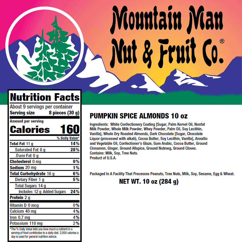 Pumpkin Spice Almonds 10oz Nutritional Label