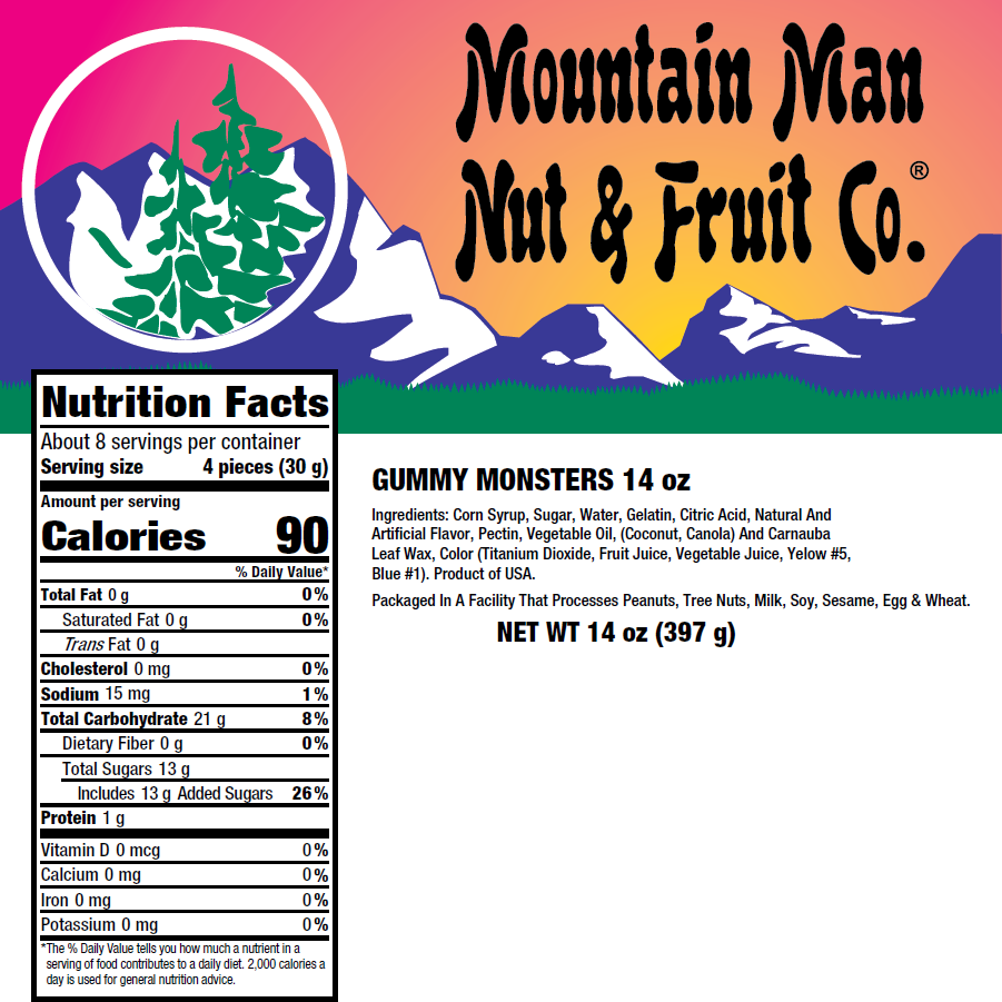 Gummy Monsters 14oz Nutritional Label
