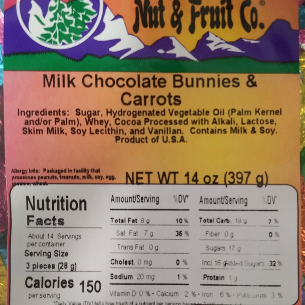 Milk Chocolate Flavored Bunnies & Carrots 14oz Label