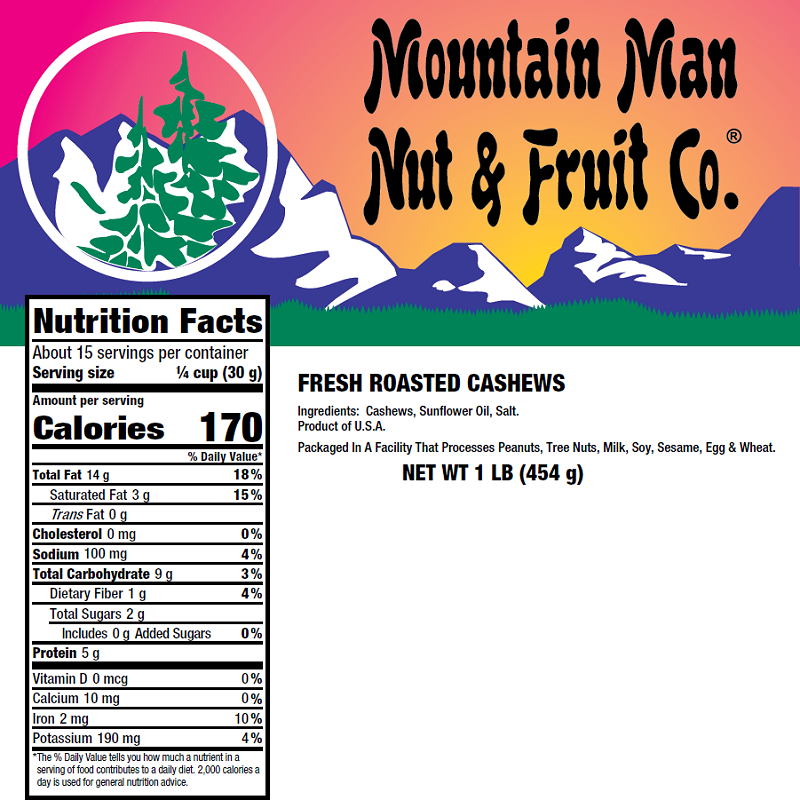 2040 Fresh Roasted Cashews 1lb / 16oz Label