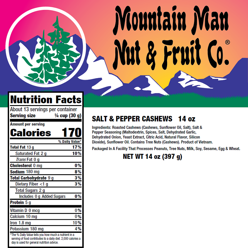 2182 Salt & Pepper Cashews 14oz Label