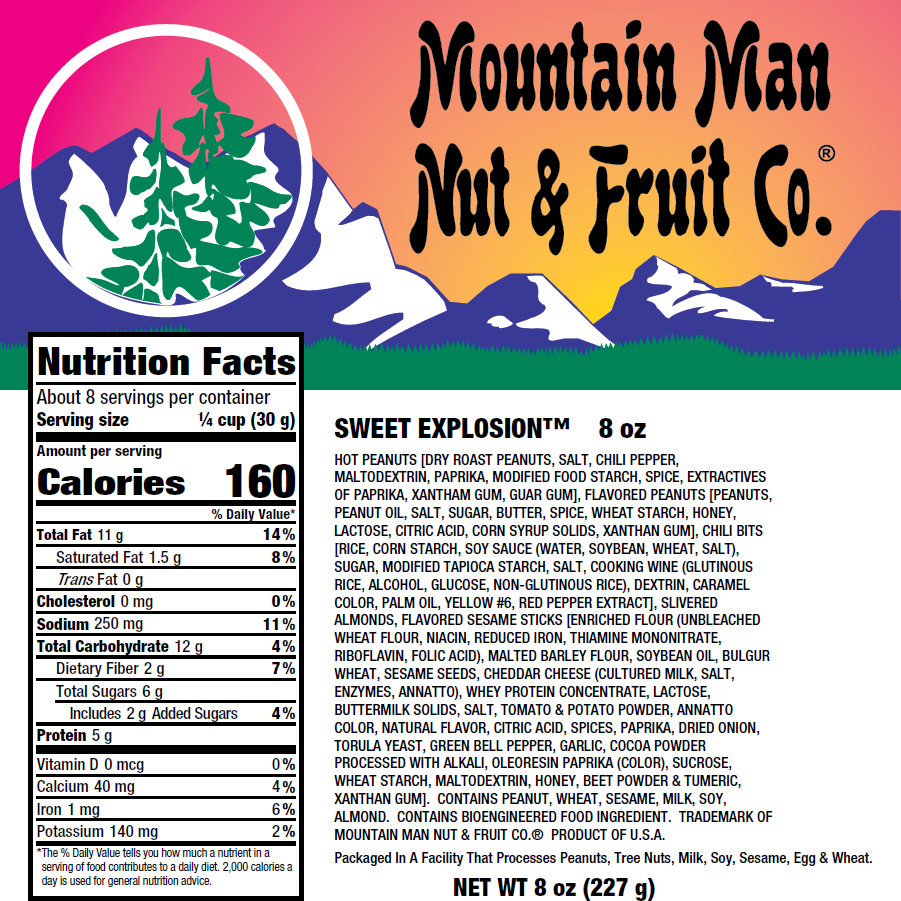 Sweet Explosion Trail Mix 8oz Nutritional Label