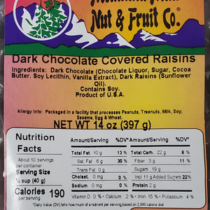 Dark Chocolate Covered Raisins 14oz Label
