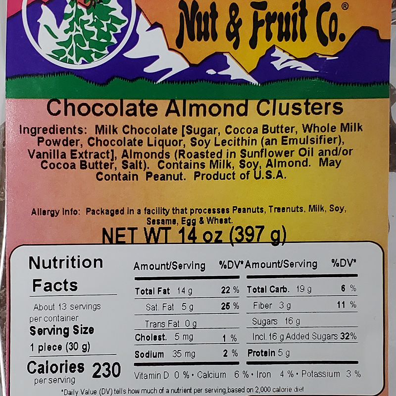 Chocolate Almond Clusters 14oz Label