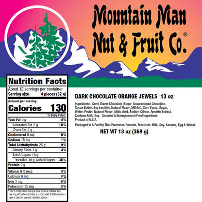 Dark Chocolate Orange Jewels 13oz Nutritional Label