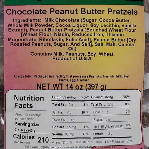 Chocolate Peanut Butter Pretzels 14oz Label