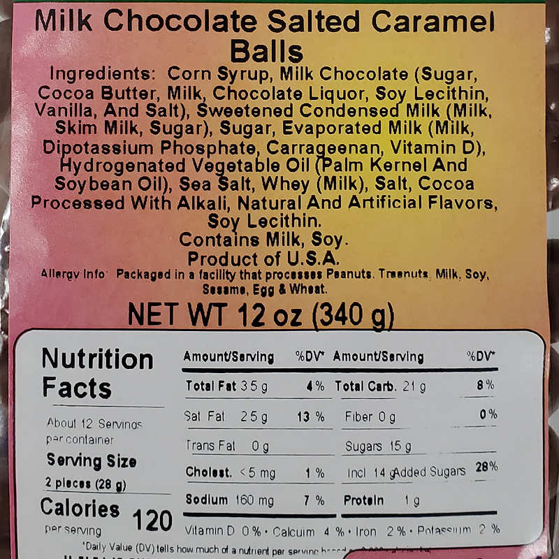 Milk Chocolate Salted Caramel Balls 12oz Label