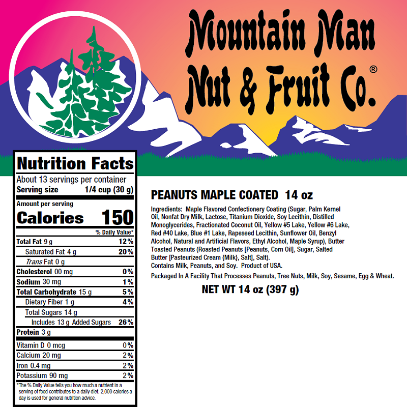 Maple Coated Peanuts 14oz Nutritional Label