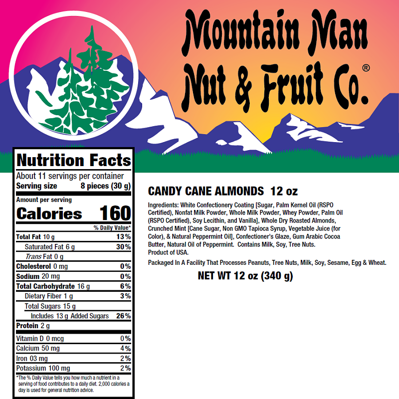Candy Cane Almonds 12oz Nutritional Label