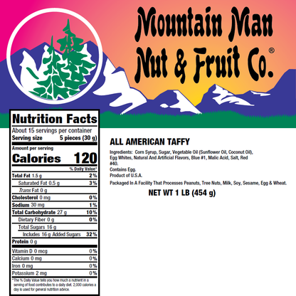 All American Taffy 1lb Nutritional Label
