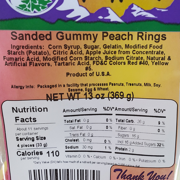 Sanded Gummy Peach Rings 13oz Label
