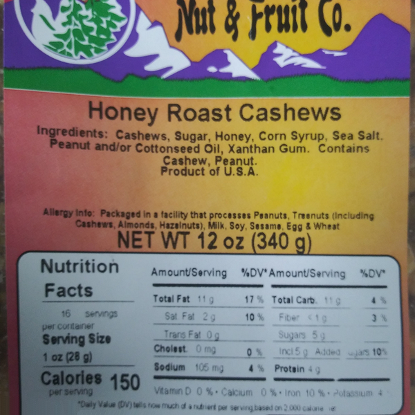 Honey Roast Cashews 12oz Label