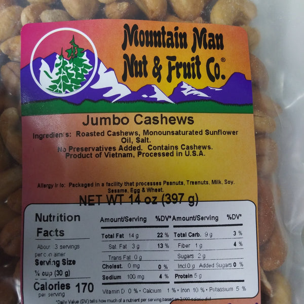 jumbo cashews 14 oz bag label