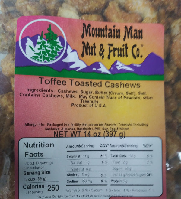 Toffee Toasted Cashews label